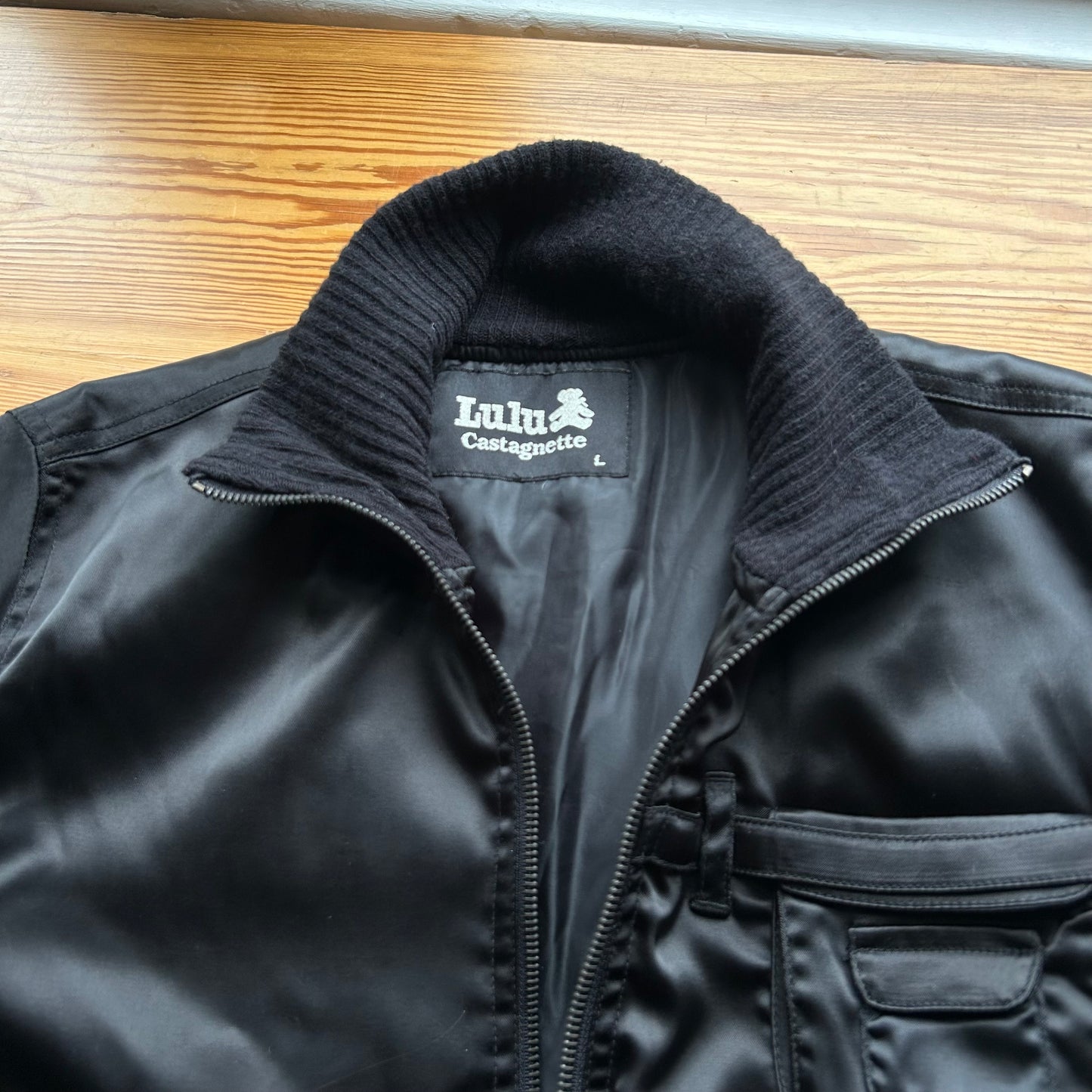Black Satin-Look Bomber Jacket - L