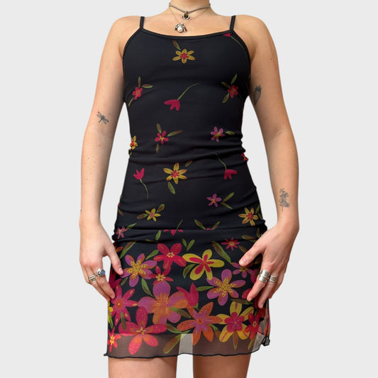 90s Floral Mesh Overlay Black Mini Dress
