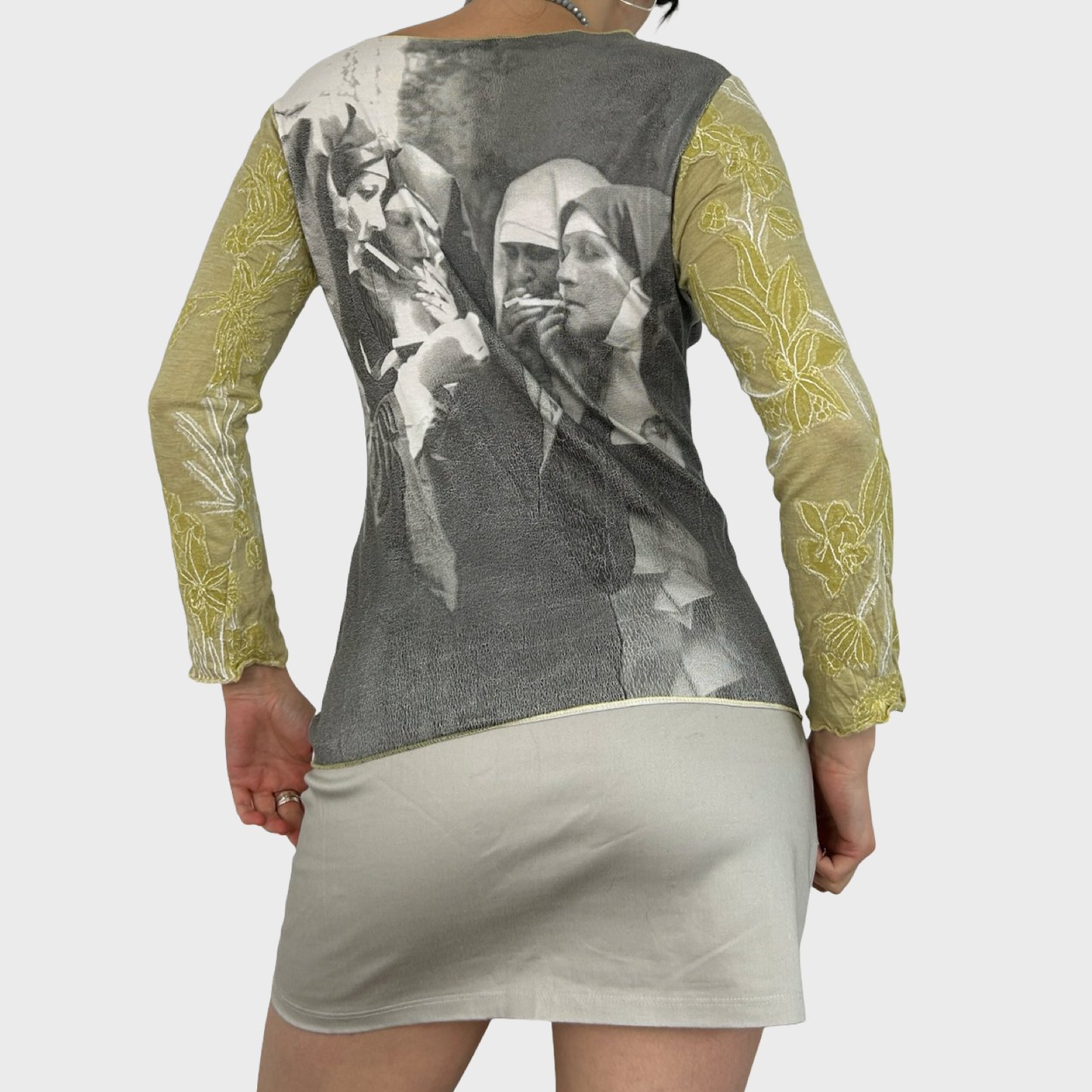Vintage Graphic Nun Print Long Sleeve Top - M