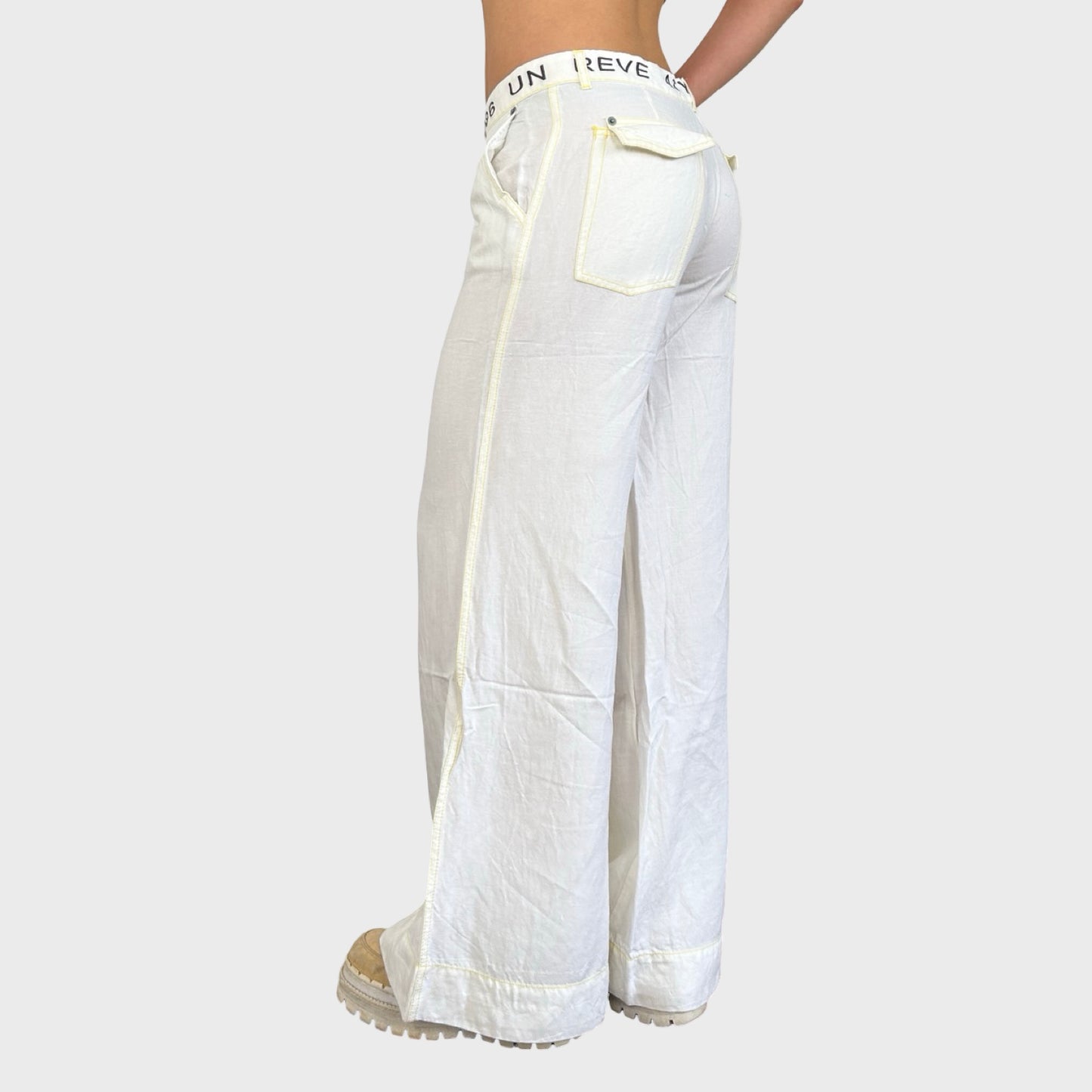 Cop Copine White & Yellow Wide Leg Linen Trousers - L