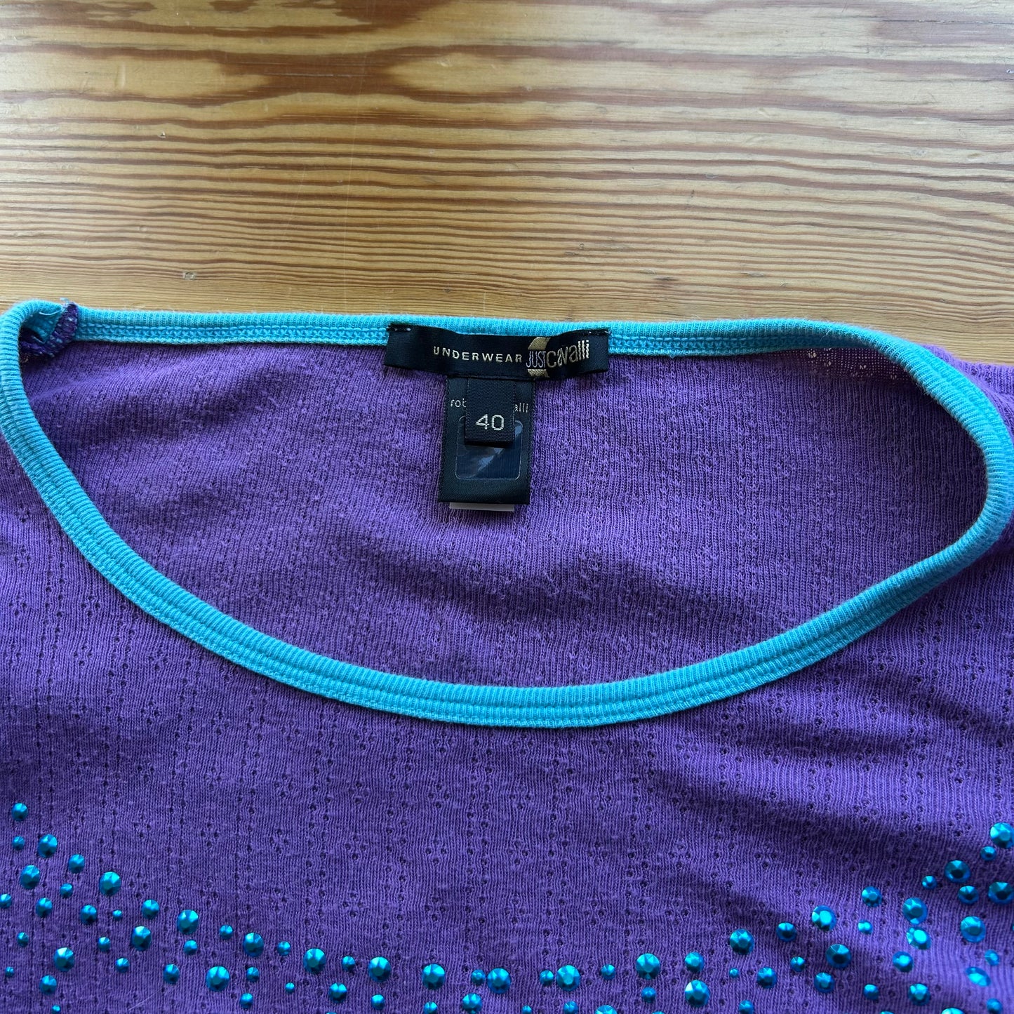 Roberto Cavalli Pointelle Knit Diamante Logo Top - S