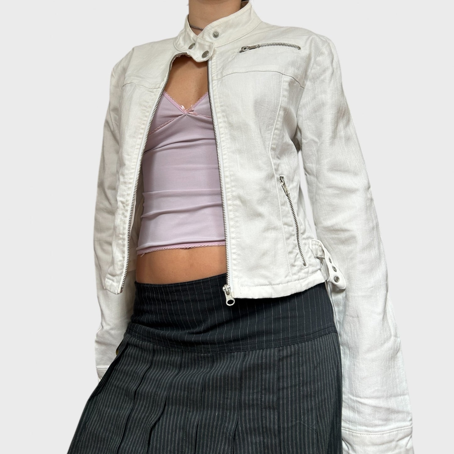 White Denim Zip-Up Jacket
