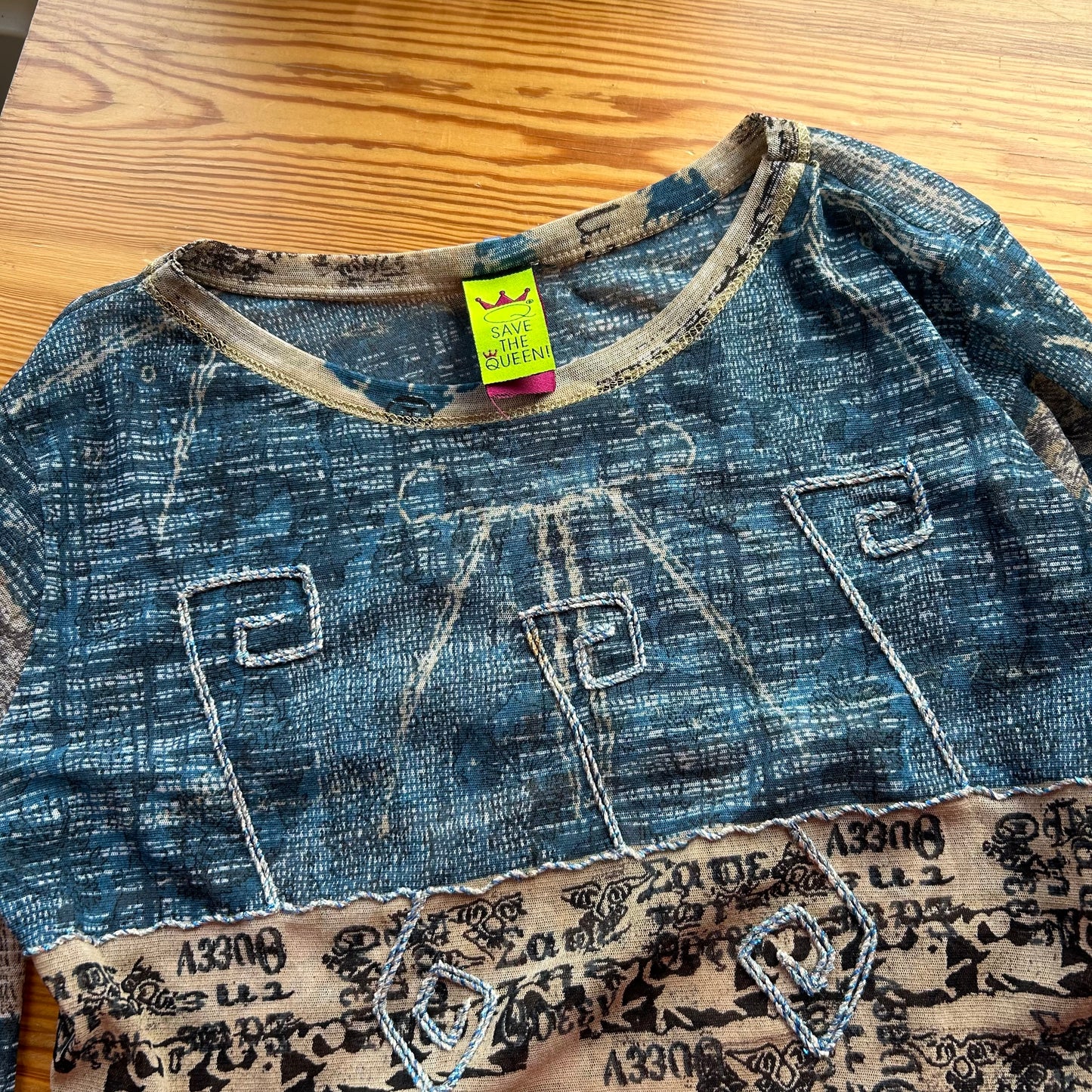 Save the Queen Blue Graphic Long Sleeve Mesh Top - S/M