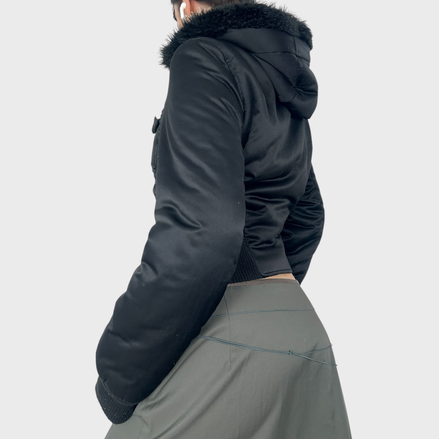 Black Jennyfer Cropped Faux Fur Trim Bomber Jacket - S