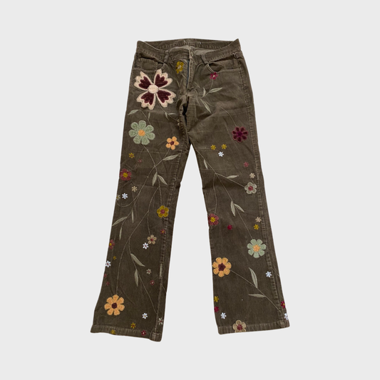 Brown corduroy floral embroidered trousers