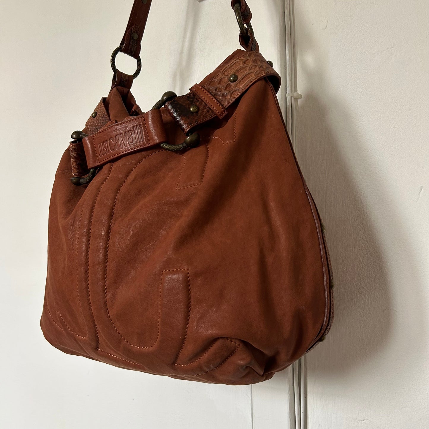 Roberto Cavalli 2000s Tan Leather Logo Shoulder Bag