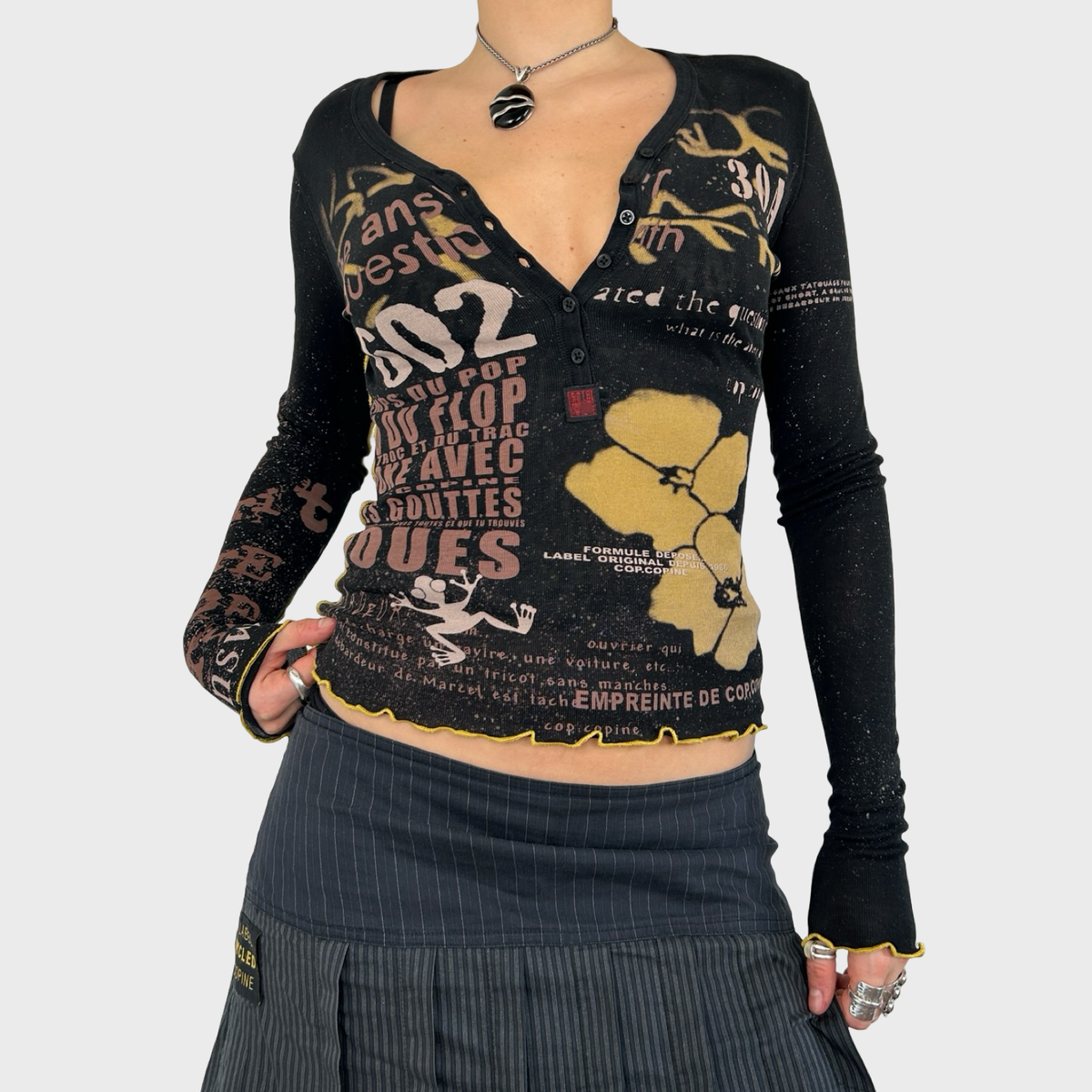Cop Copine Graphic Print Henley Long Sleeve Top - S
