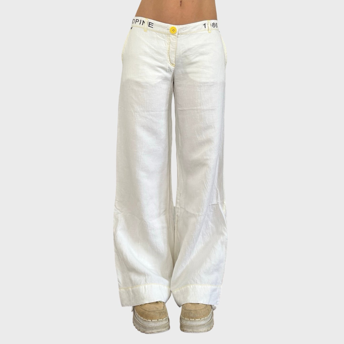 Cop Copine White & Yellow Wide Leg Linen Trousers - L