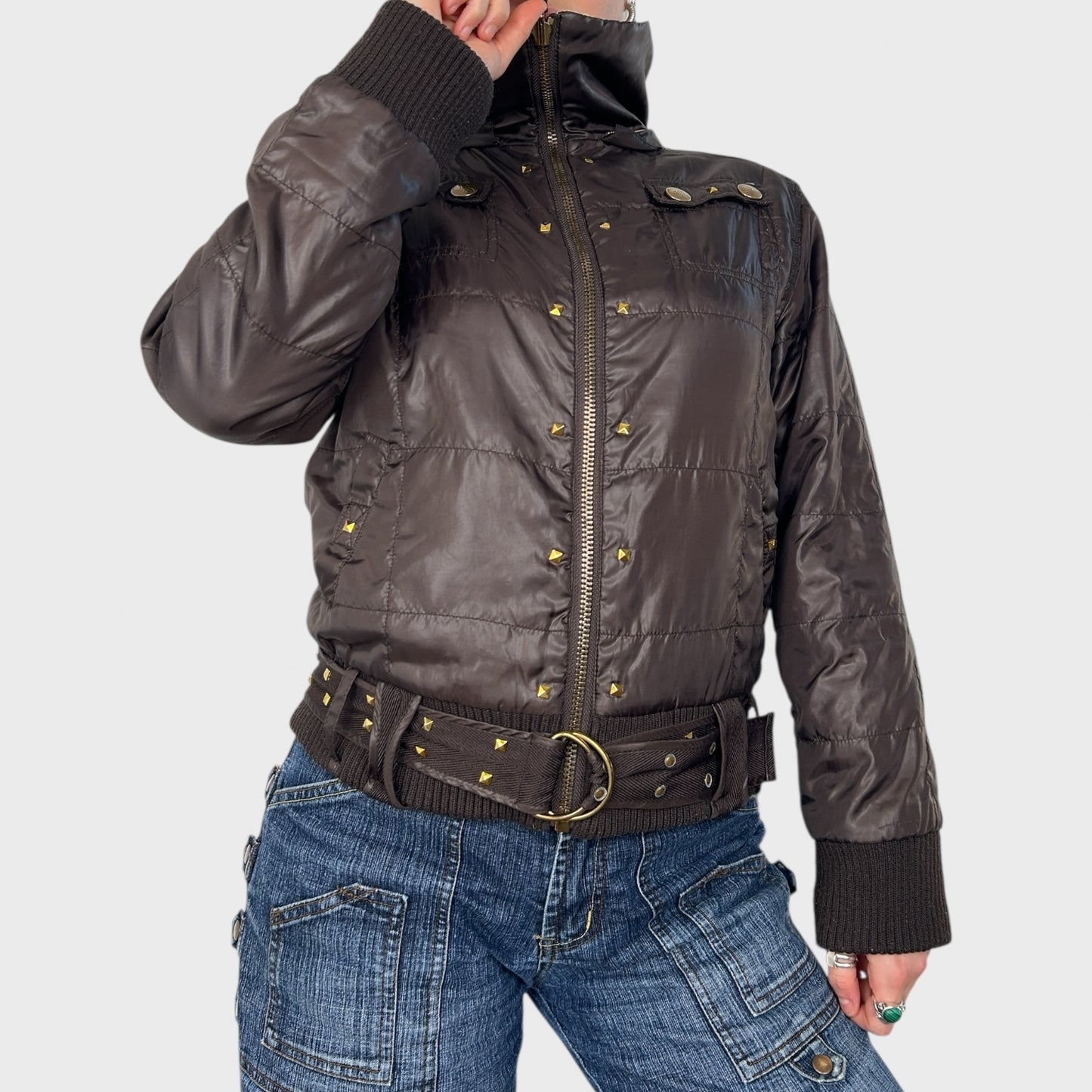 Reversible Brown & Beige Stud Bomber Jacket - S/M