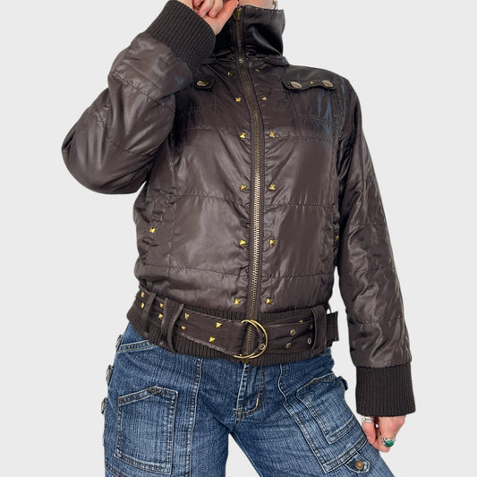 Reversible Brown & Beige Stud Bomber Jacket - S/M