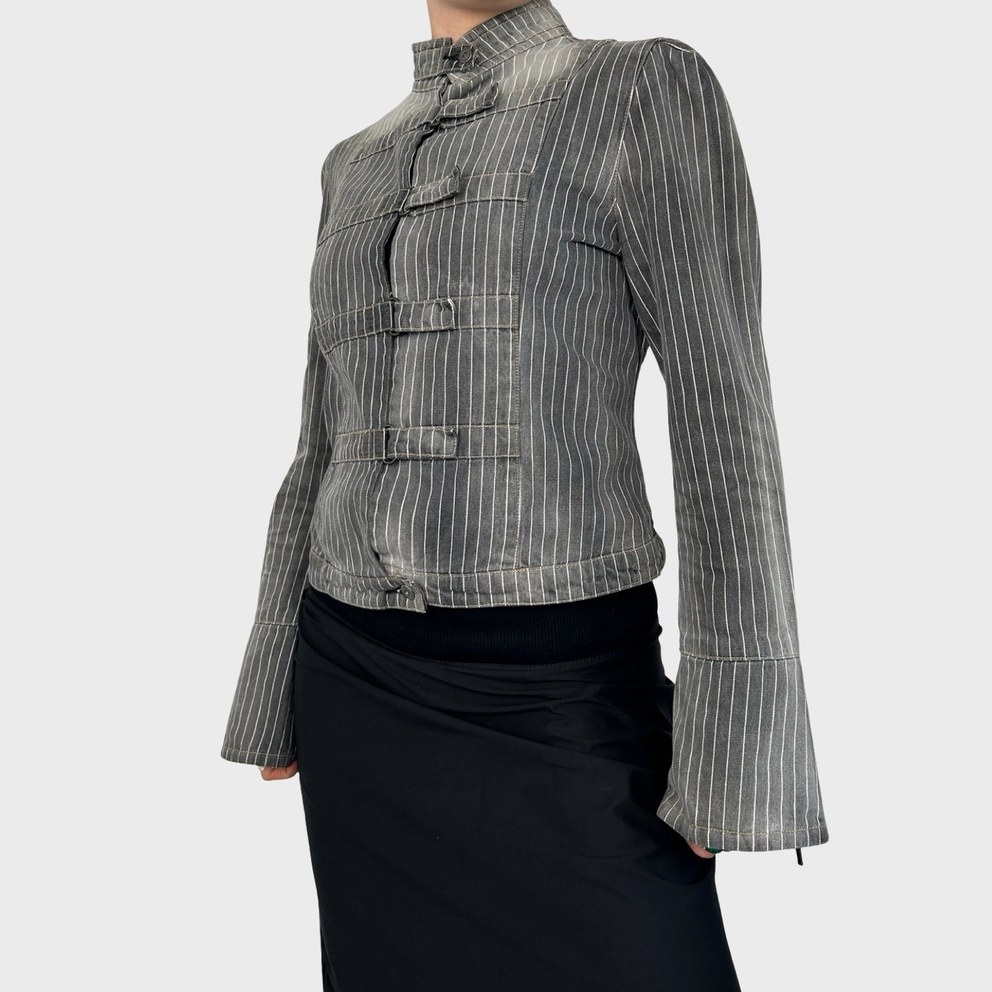 Vintage Grey Faded Striped Denim Jacket - M