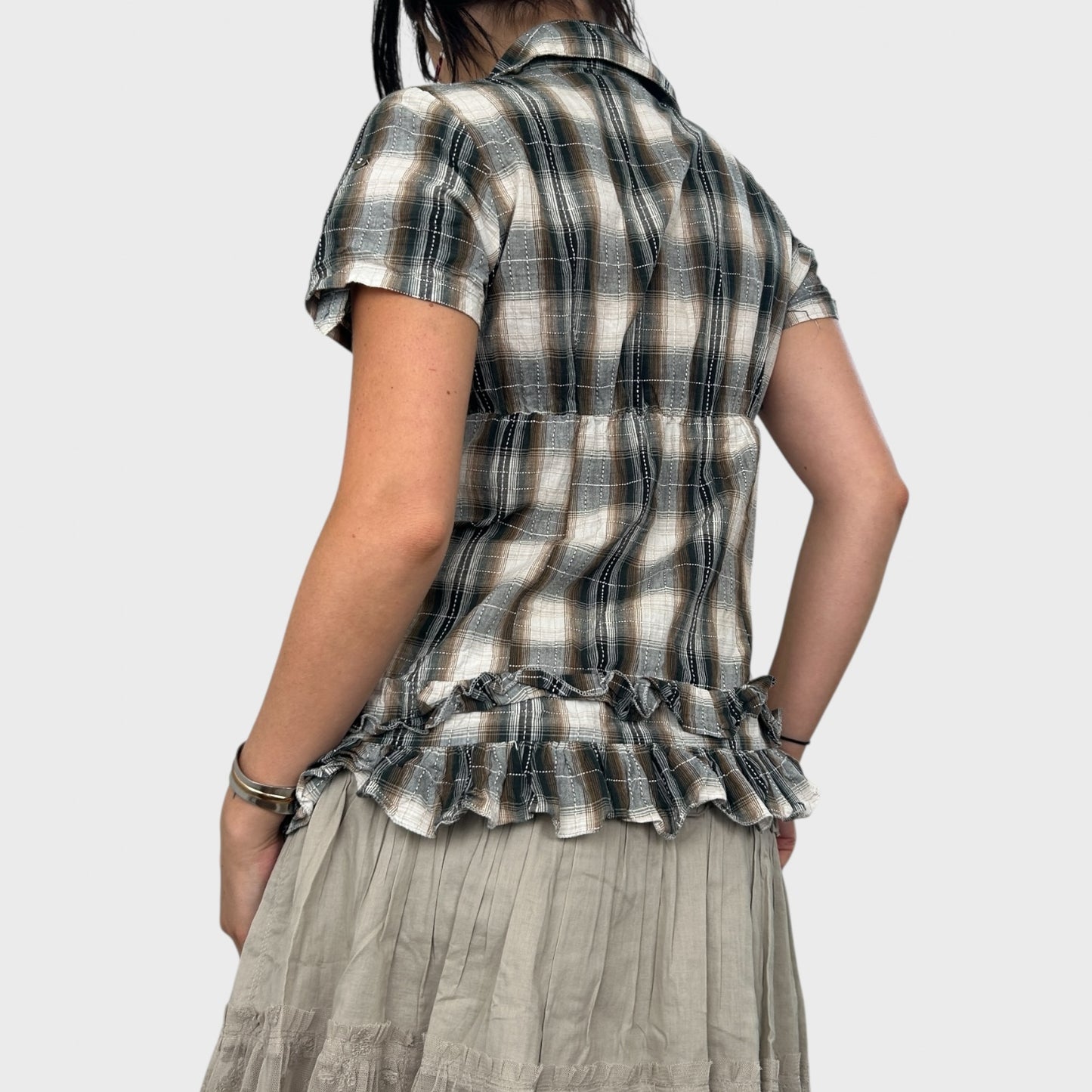 Checked Frilly Button-Up Blouse - S