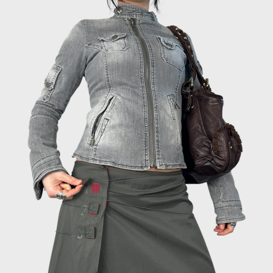 Vintage Grey Denim Zip Up Jacket - XS