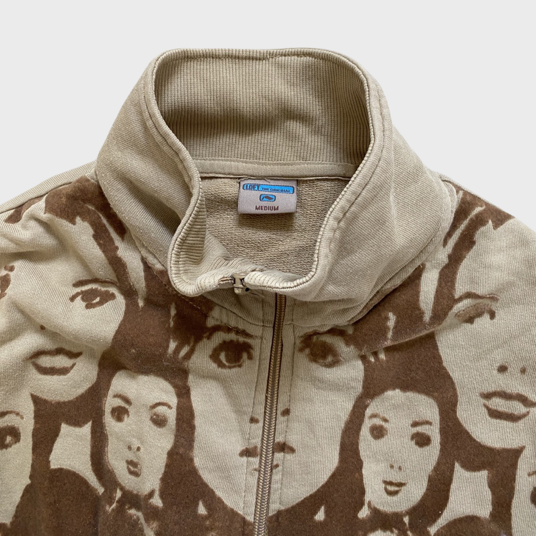 Vintage face motif zip up jumper