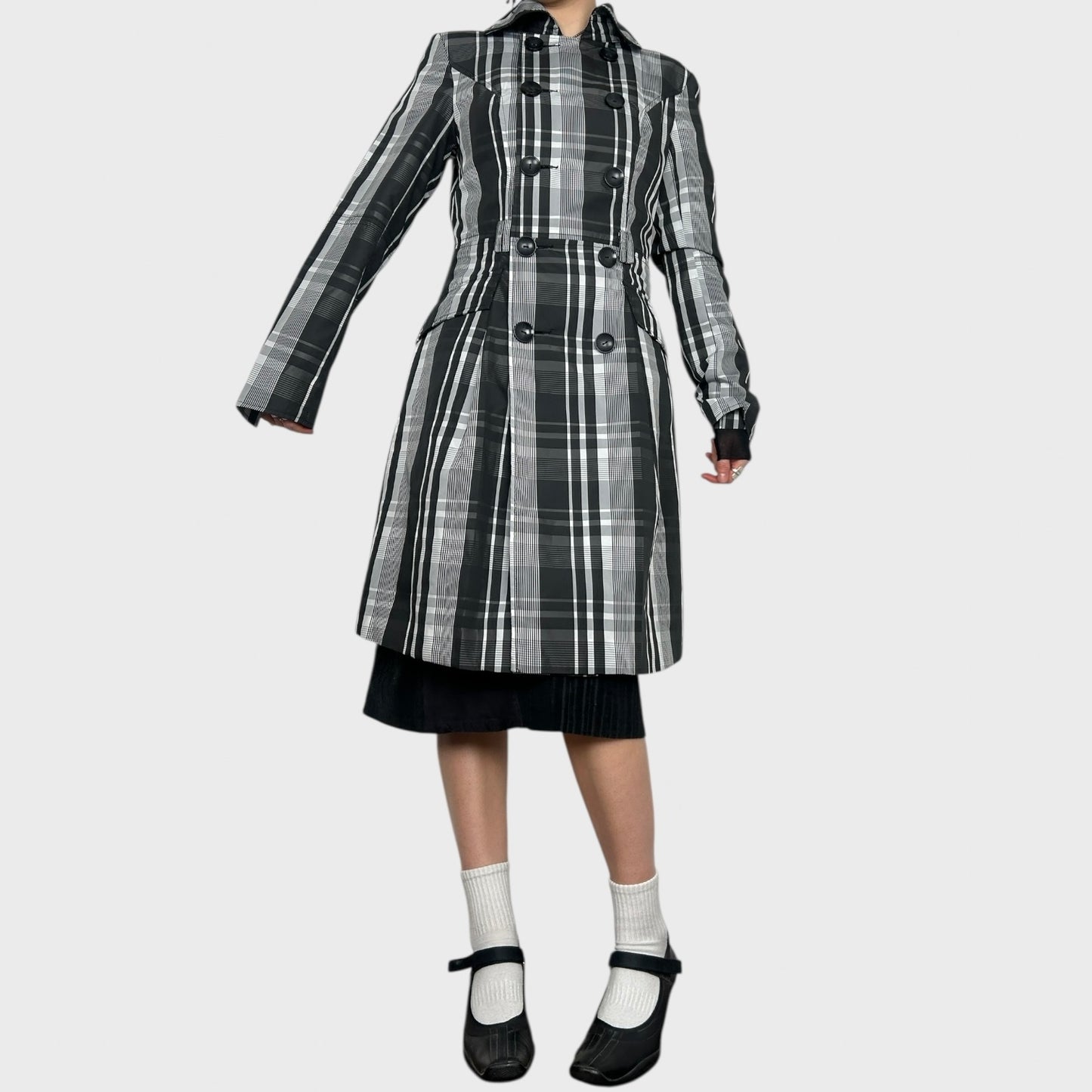 Checked Double-Breasted Trench Coat – S