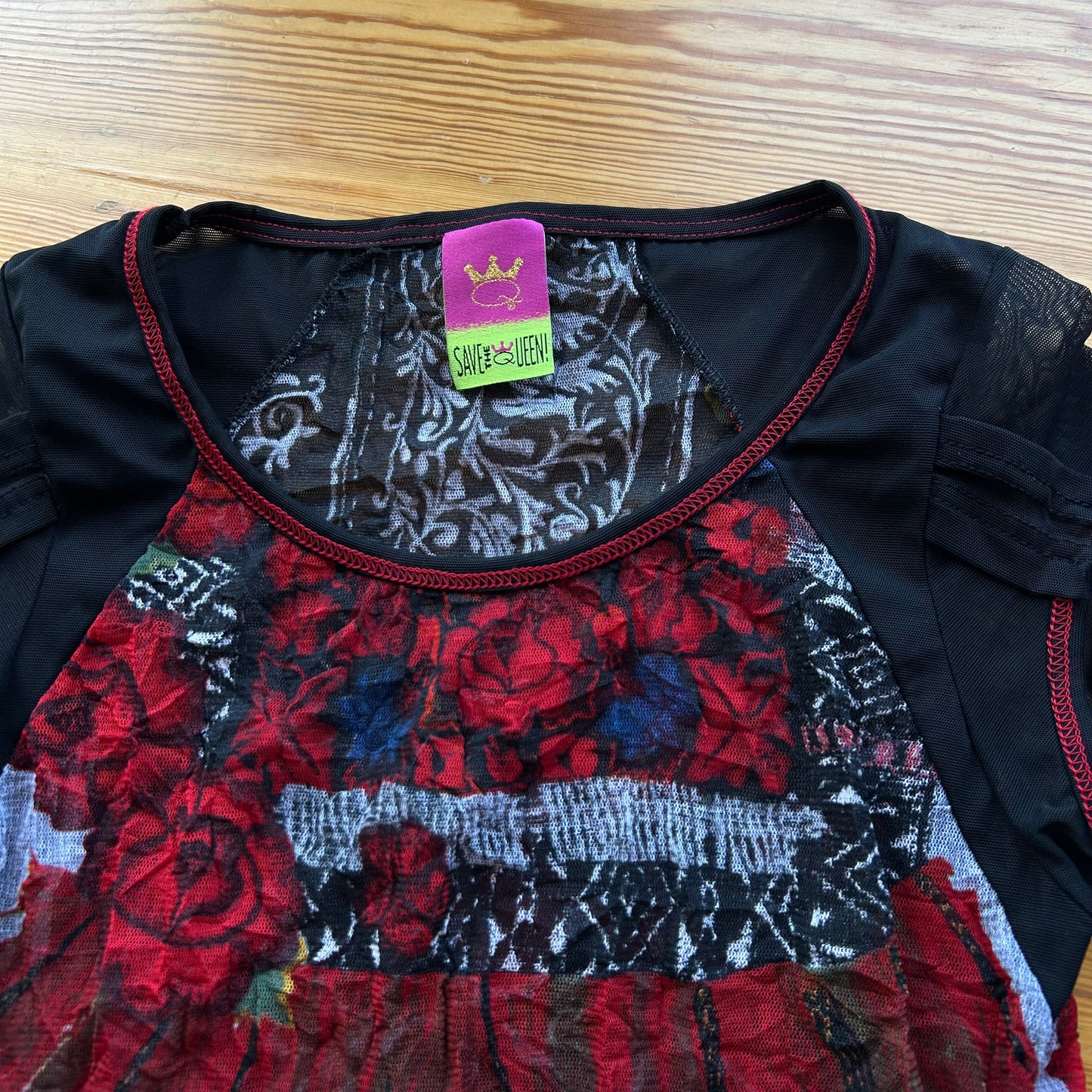 Save The Queen Red Graphic Mesh Short Sleeve Top - S