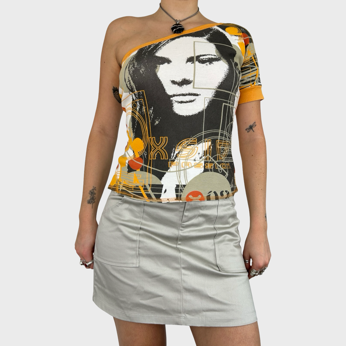 Vintage Graphic Face Print One Shoulder Top - S