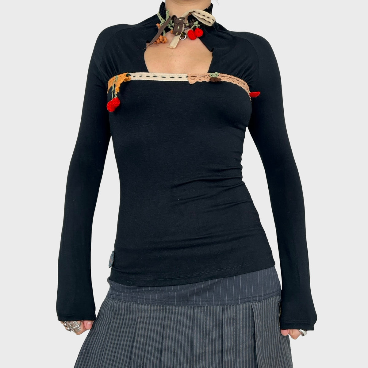 Miss Sixty Black Key Hole Tie Neck Long Sleeve Top - XS/S