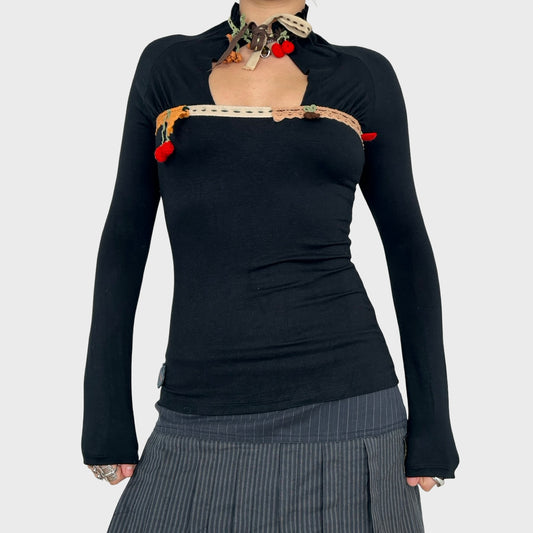 Miss Sixty Black Key Hole Tie Neck Long Sleeve Top - XS/S