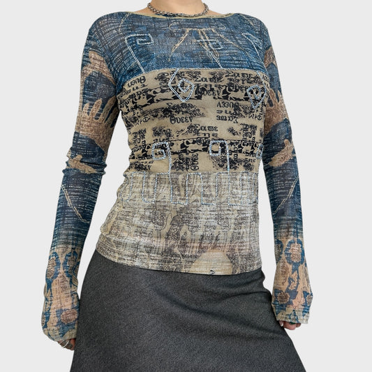 Save the Queen Blue Graphic Long Sleeve Mesh Top - S/M