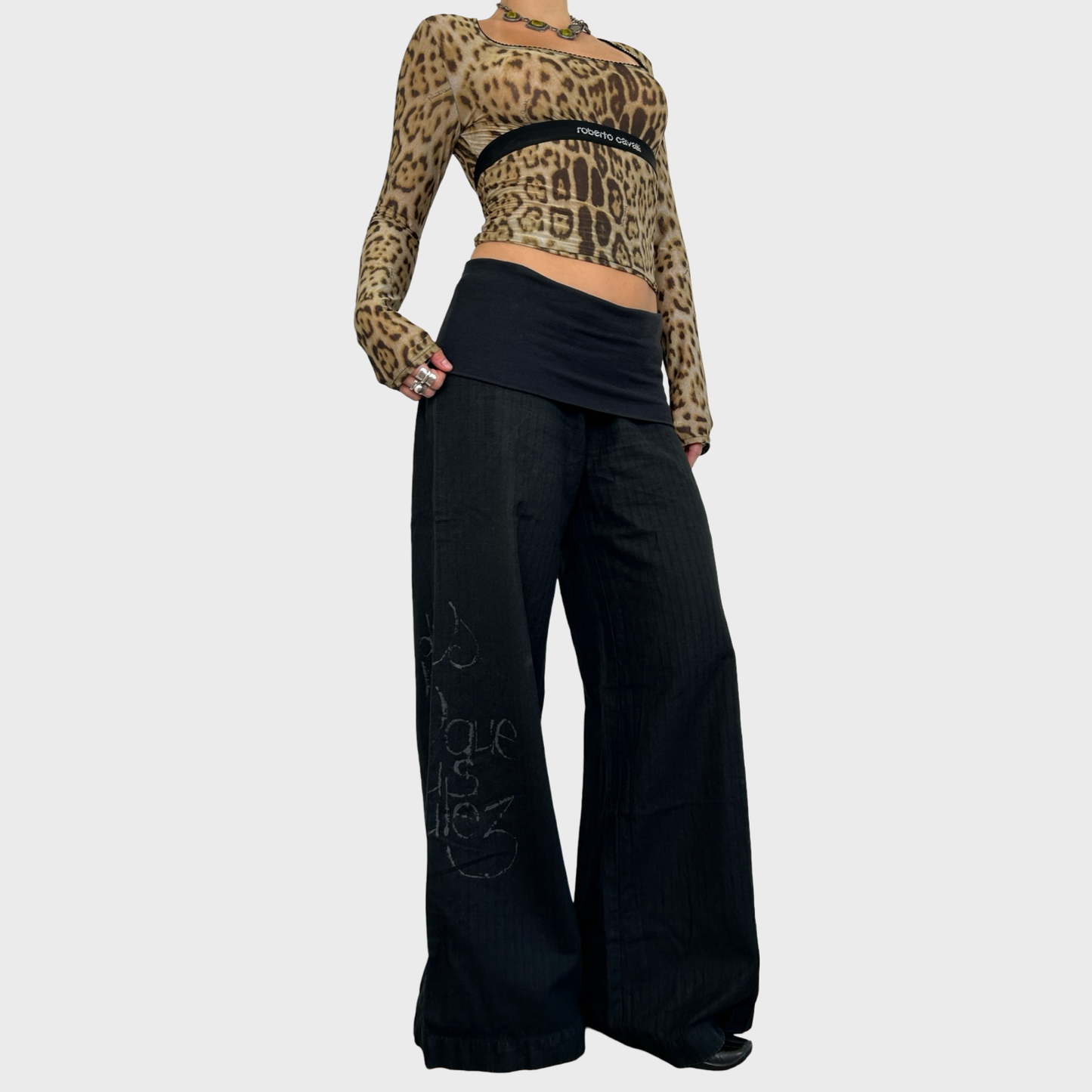 Cop Copine Black Foldover Waist Wide Leg Trousers - L