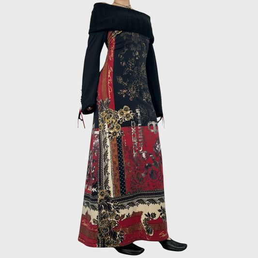 Rare 90s Archive Save The Queen Graphic Off-The-Shoulder Maxi Dress - M/L