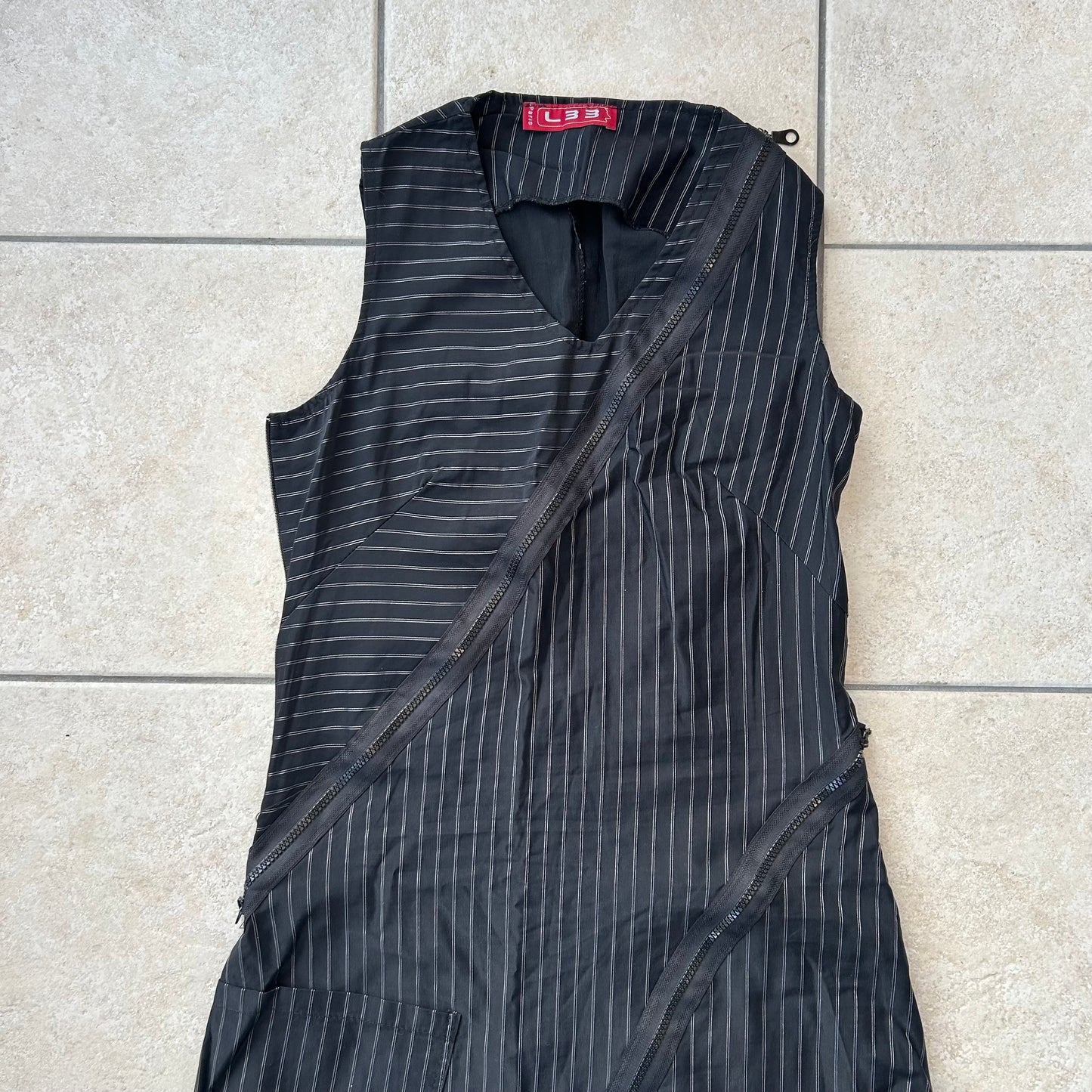 Archival pinstripe asymmetrical midi dress