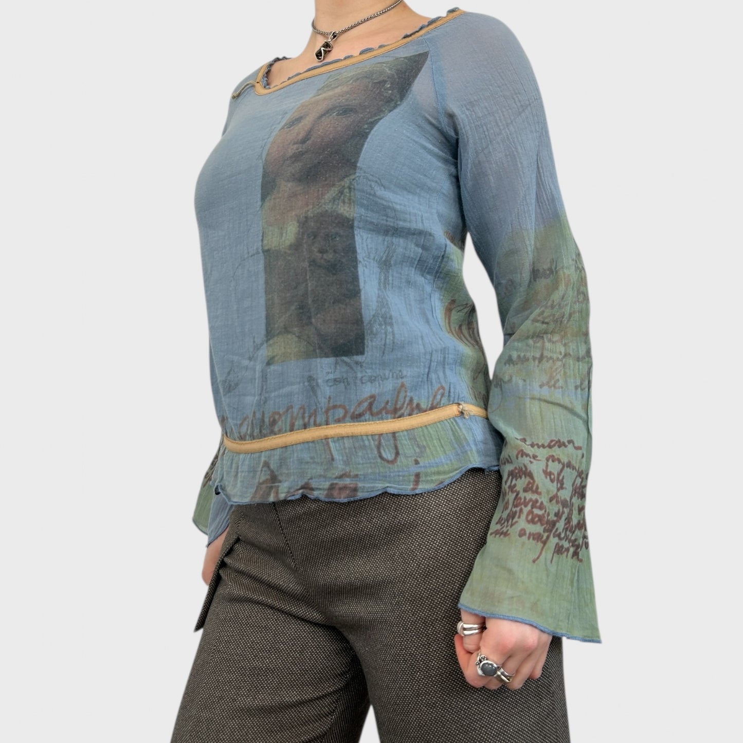 Cop Copine Blue Sheer Renaissance Portrait Print Top - S