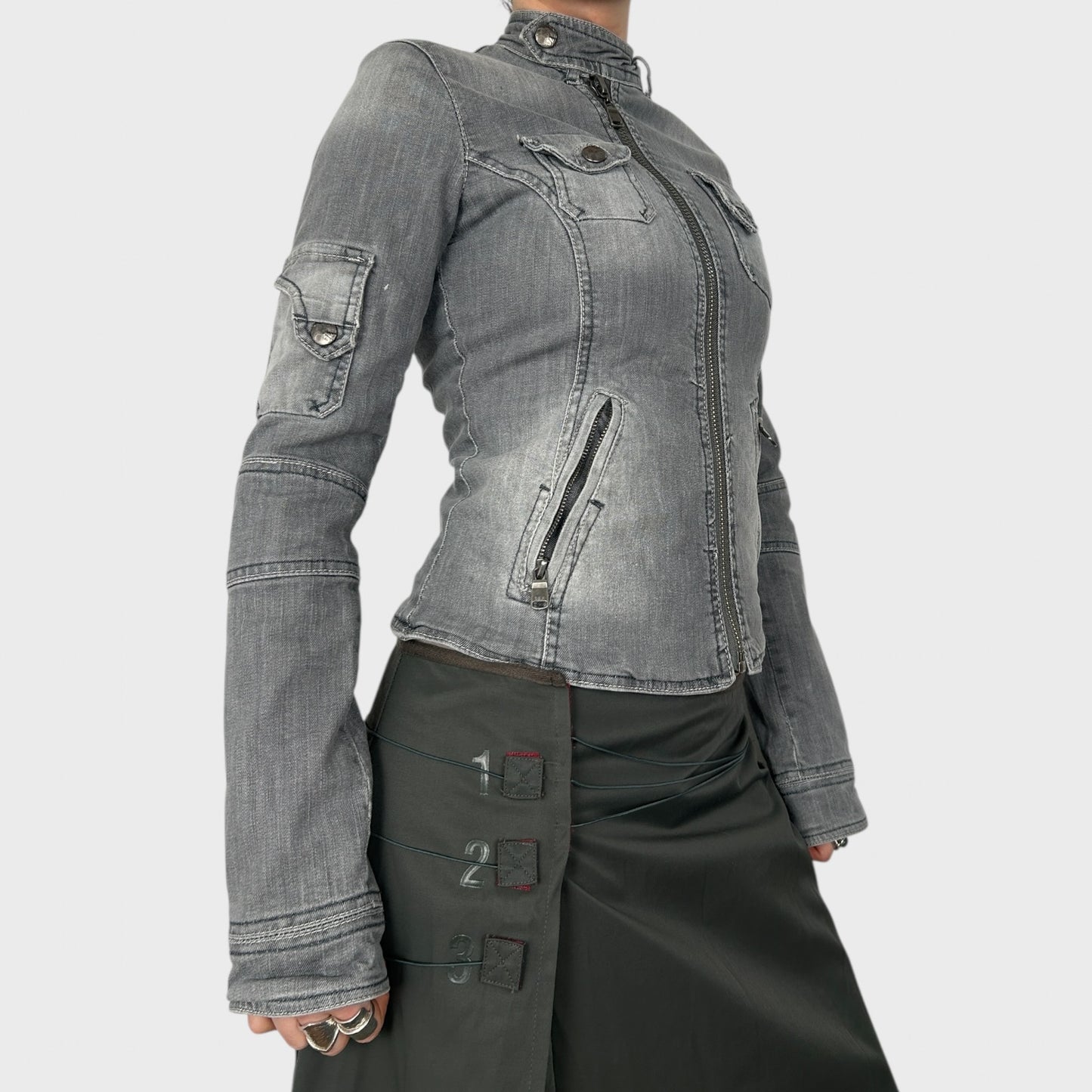 Vintage Grey Denim Zip Up Jacket - XS