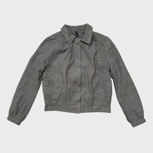 Grey Checkered Zip-Up Collared Bomber Jacket