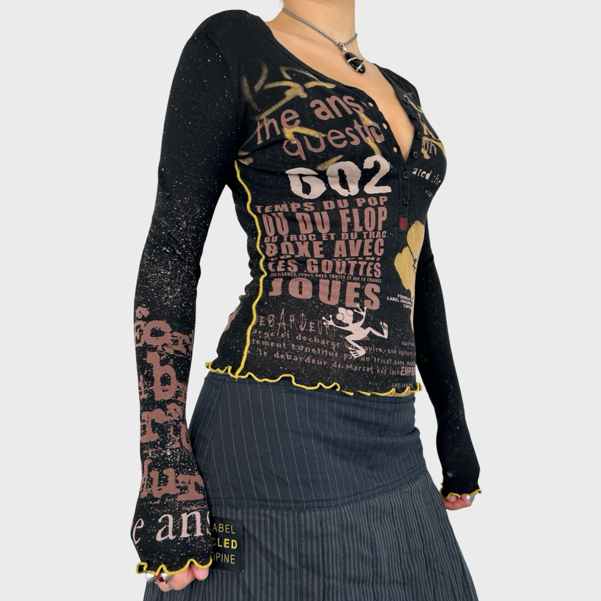 Cop Copine Graphic Print Henley Long Sleeve Top - S