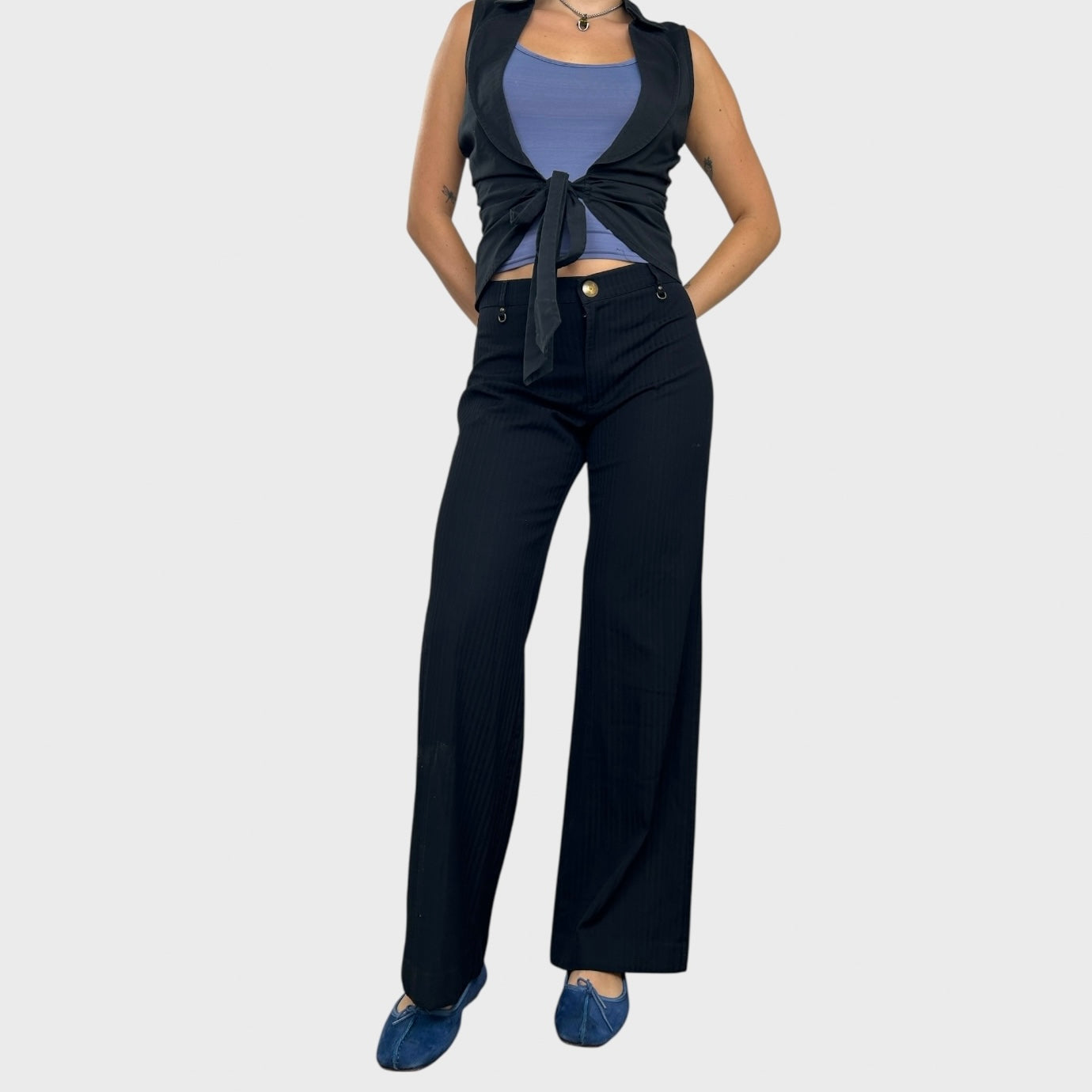 Cop Copine Black Pinstripe Wide Leg Trousers - M