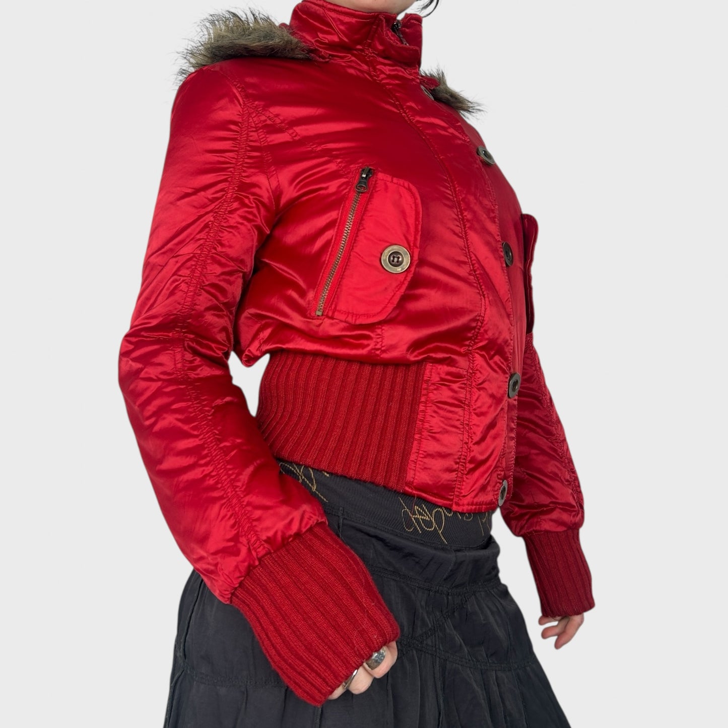 Red Cropped Bomber Jacket with Faux Fur Hood - S