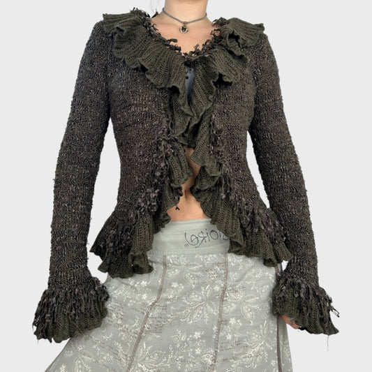 Brown Frilly Knit Cardigan - S