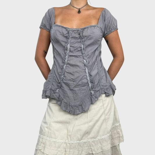 Grey Frilly Boho Bardot Top - M/L