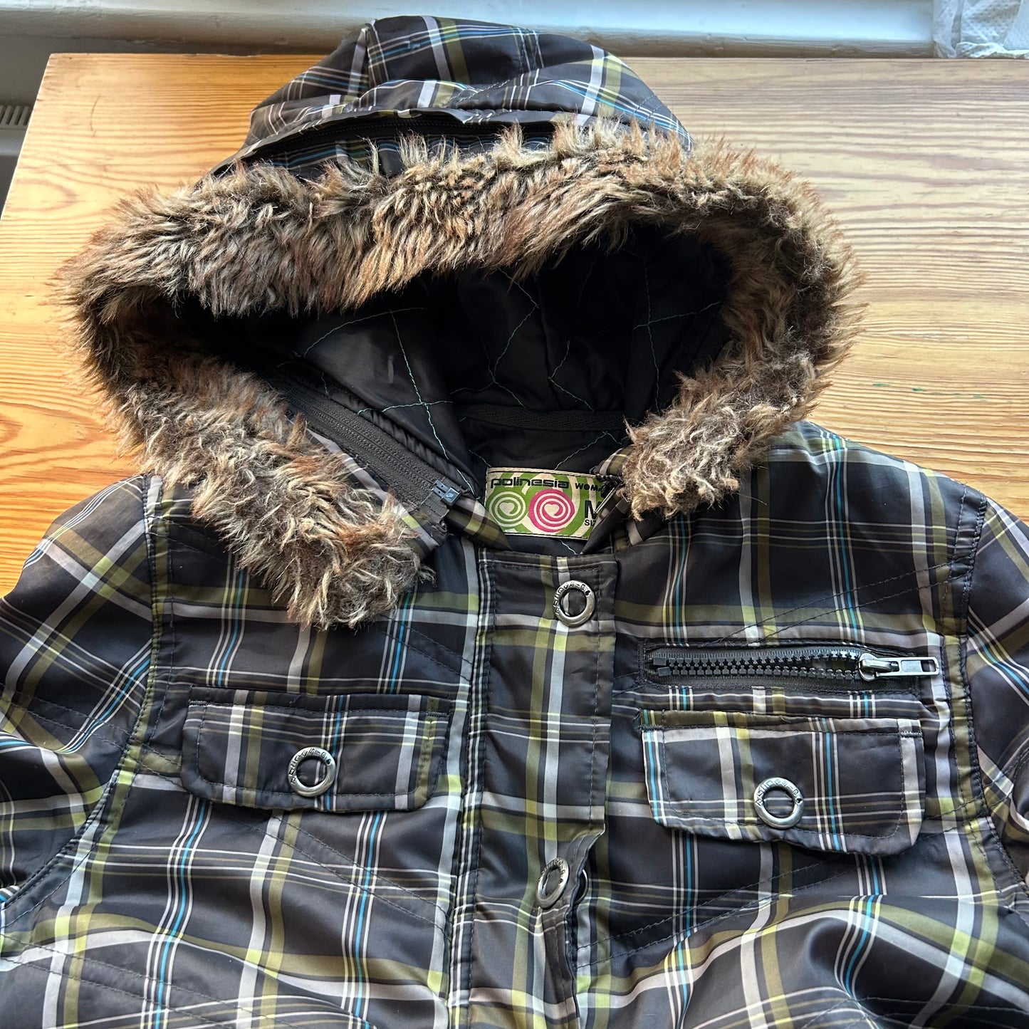 Vintage Checkered Bomber Jacket with Hood - M