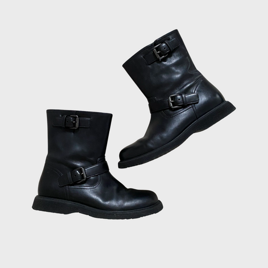 Prada black leather buckle boots