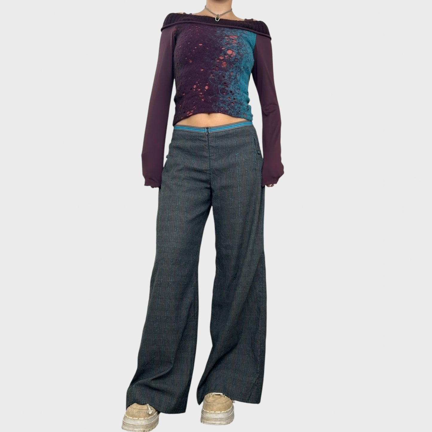 Cop Copine Grey and Blue Wide Leg Trousers - S/M