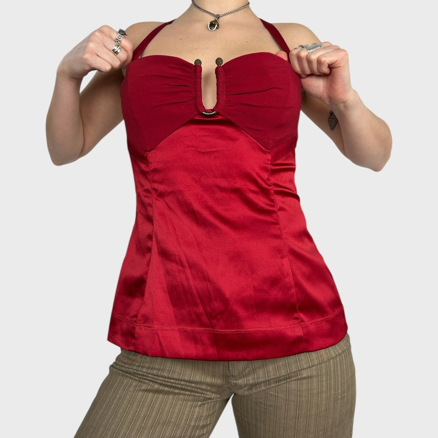 Roberto Cavalli Red Silk Halter Neck Top - M