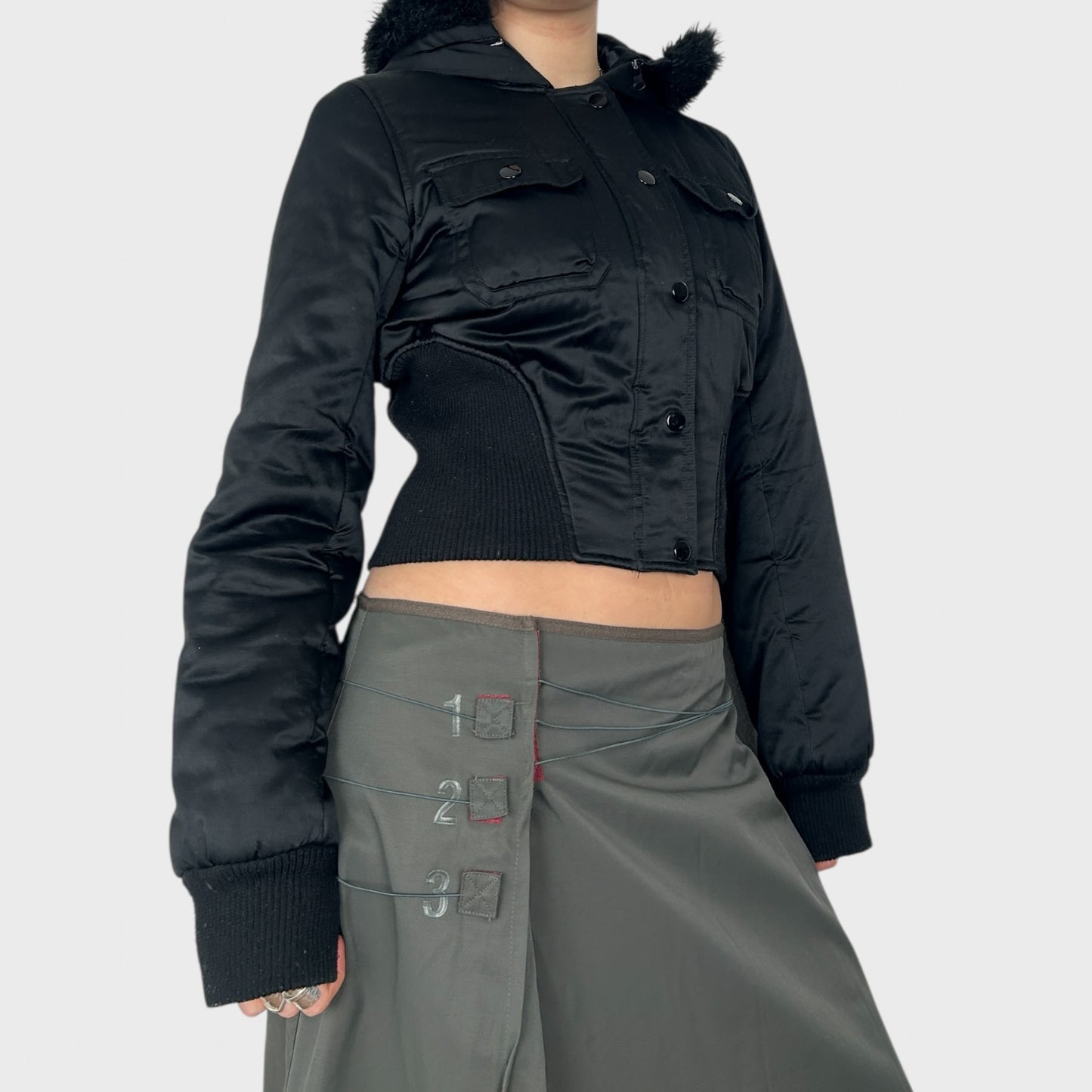 Black Jennyfer Cropped Faux Fur Trim Bomber Jacket - S
