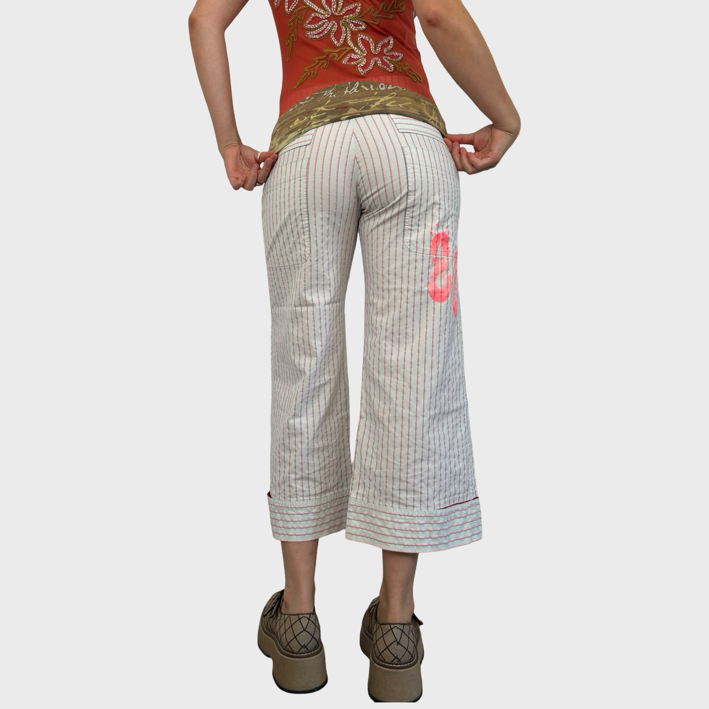Cop Copine White & Pink Striped Capri Trousers - S