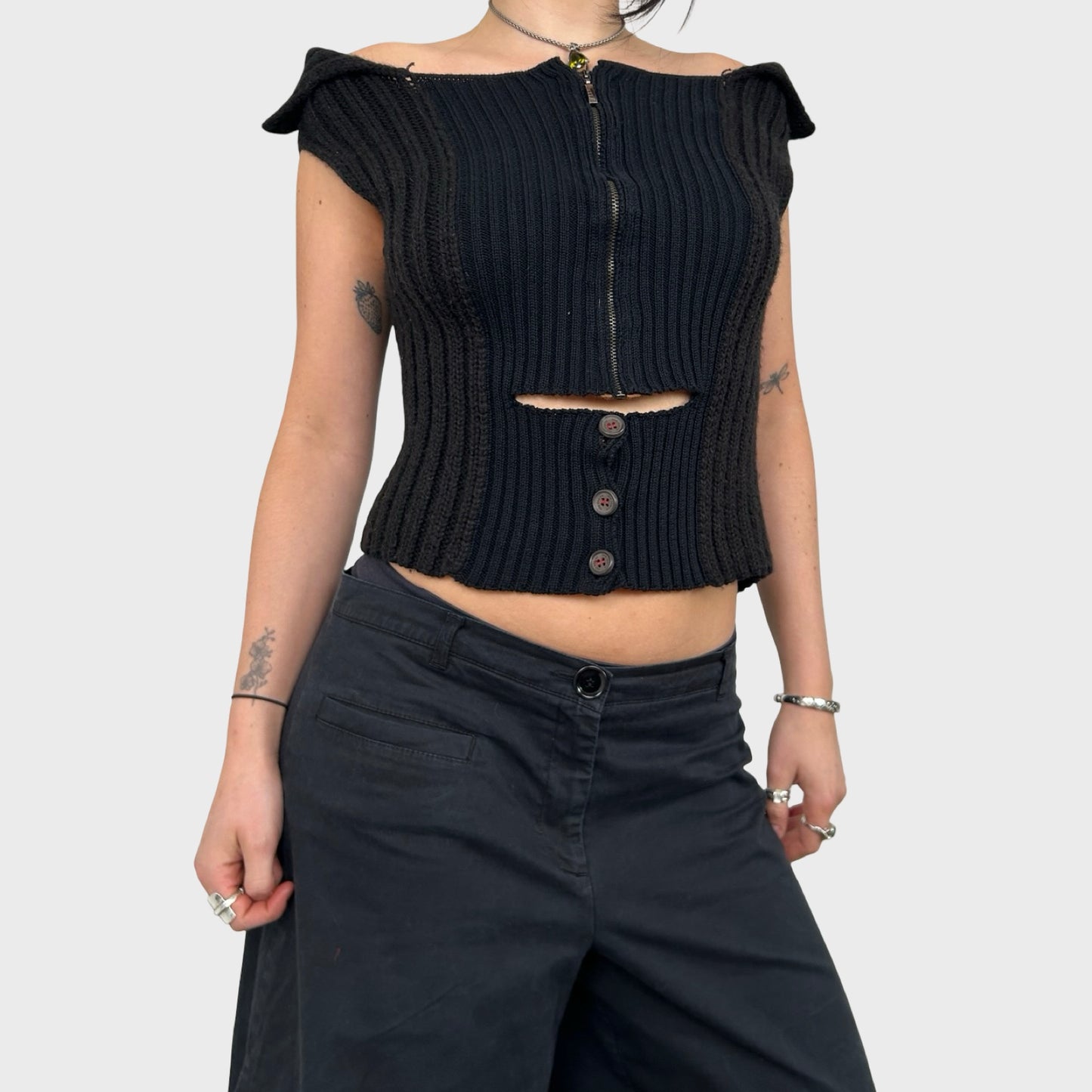 Cop Copine Off The Shoulder Black Knit Zip Top - M