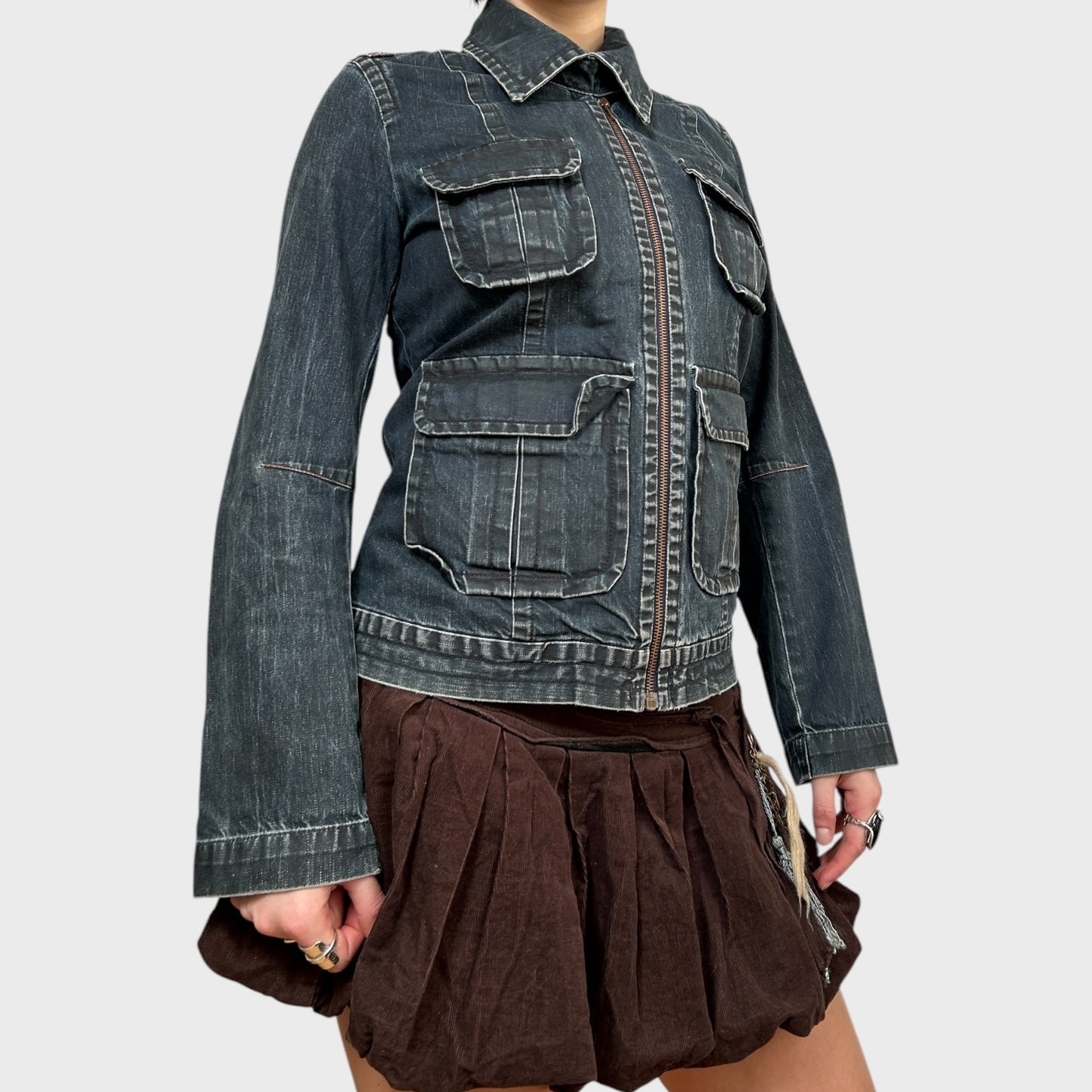 Denim Zip-Up Distressed Collared Jacket