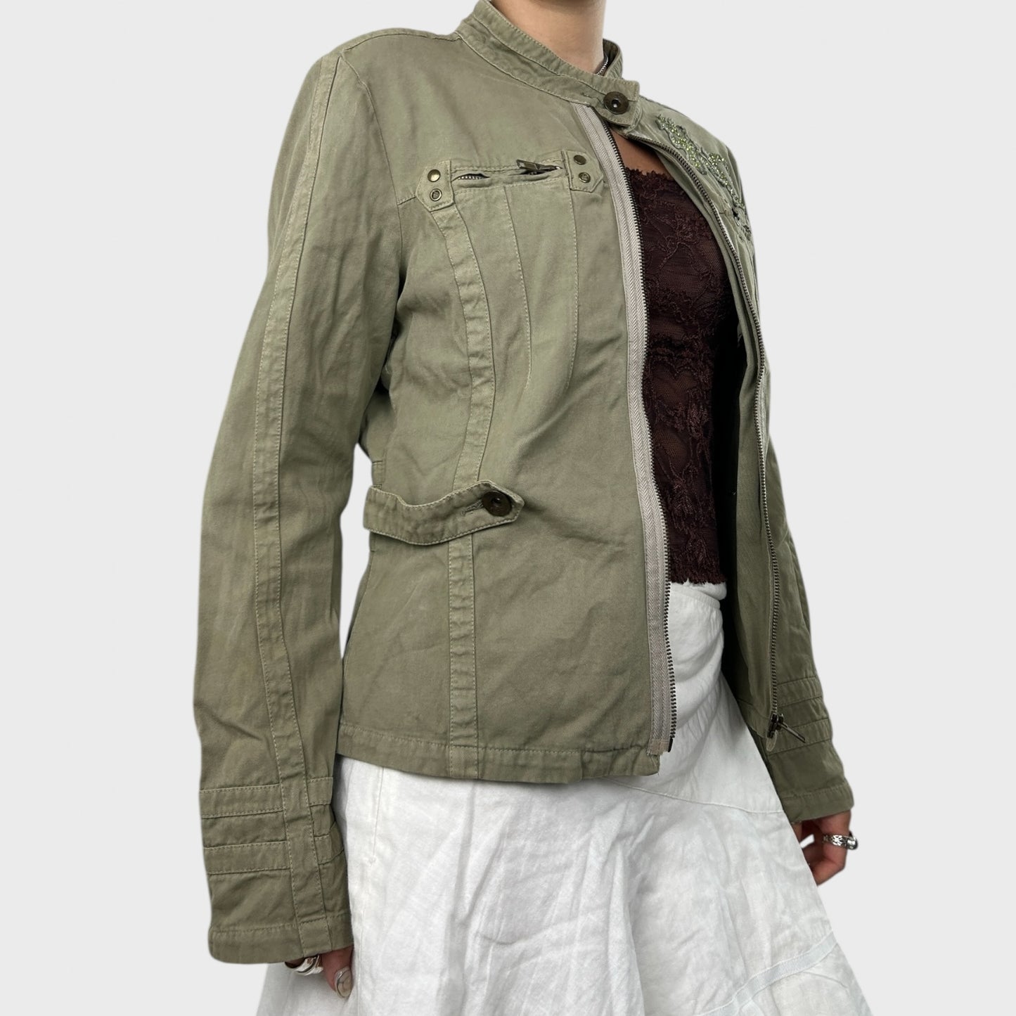 Khaki Utility-Style Zip-Up Jacket - M