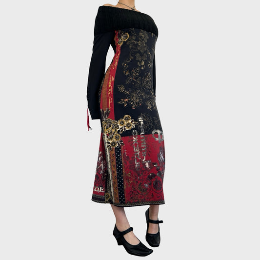 Rare 90s Archive Save The Queen Graphic Off-The-Shoulder Midi Dress - M