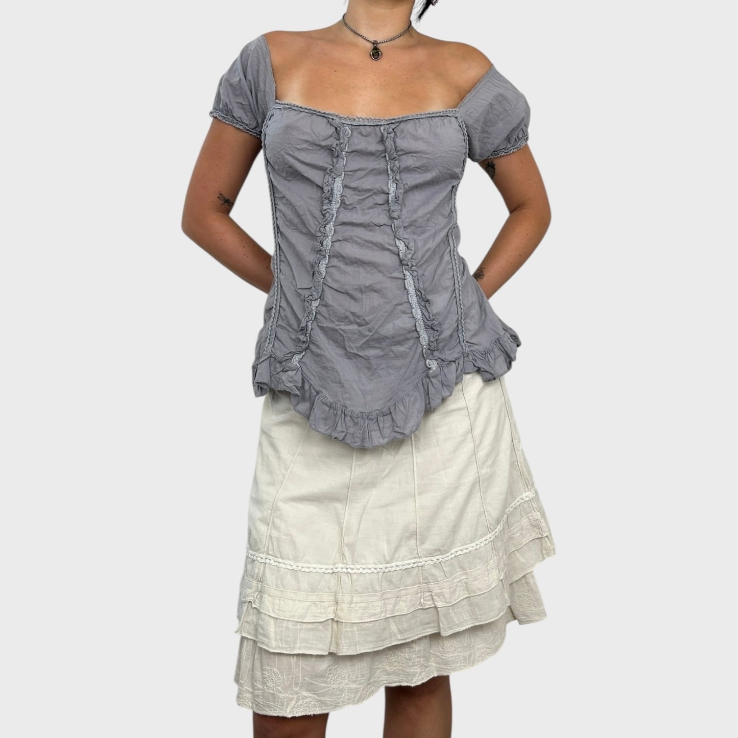 Grey Frilly Boho Bardot Top - M/L
