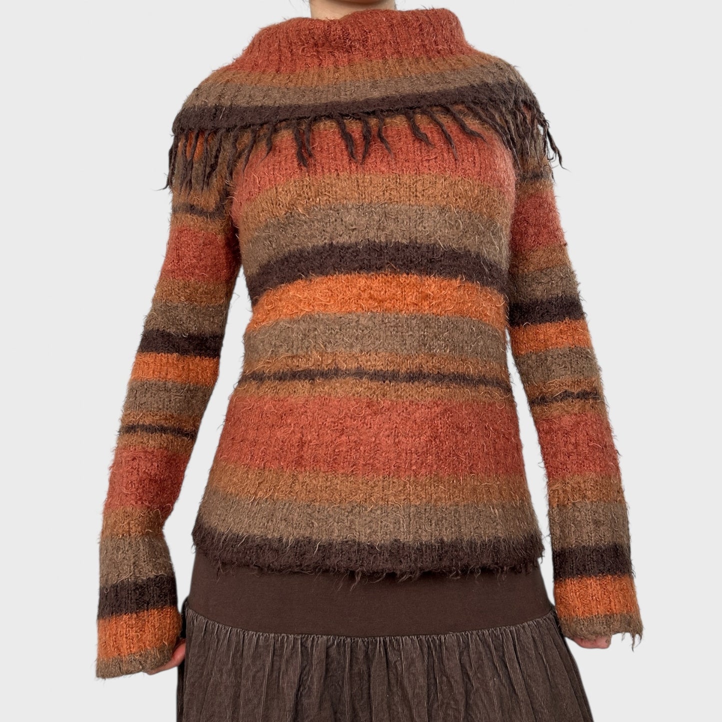 Orange Striped Wide Neck Knit Jumper - S
