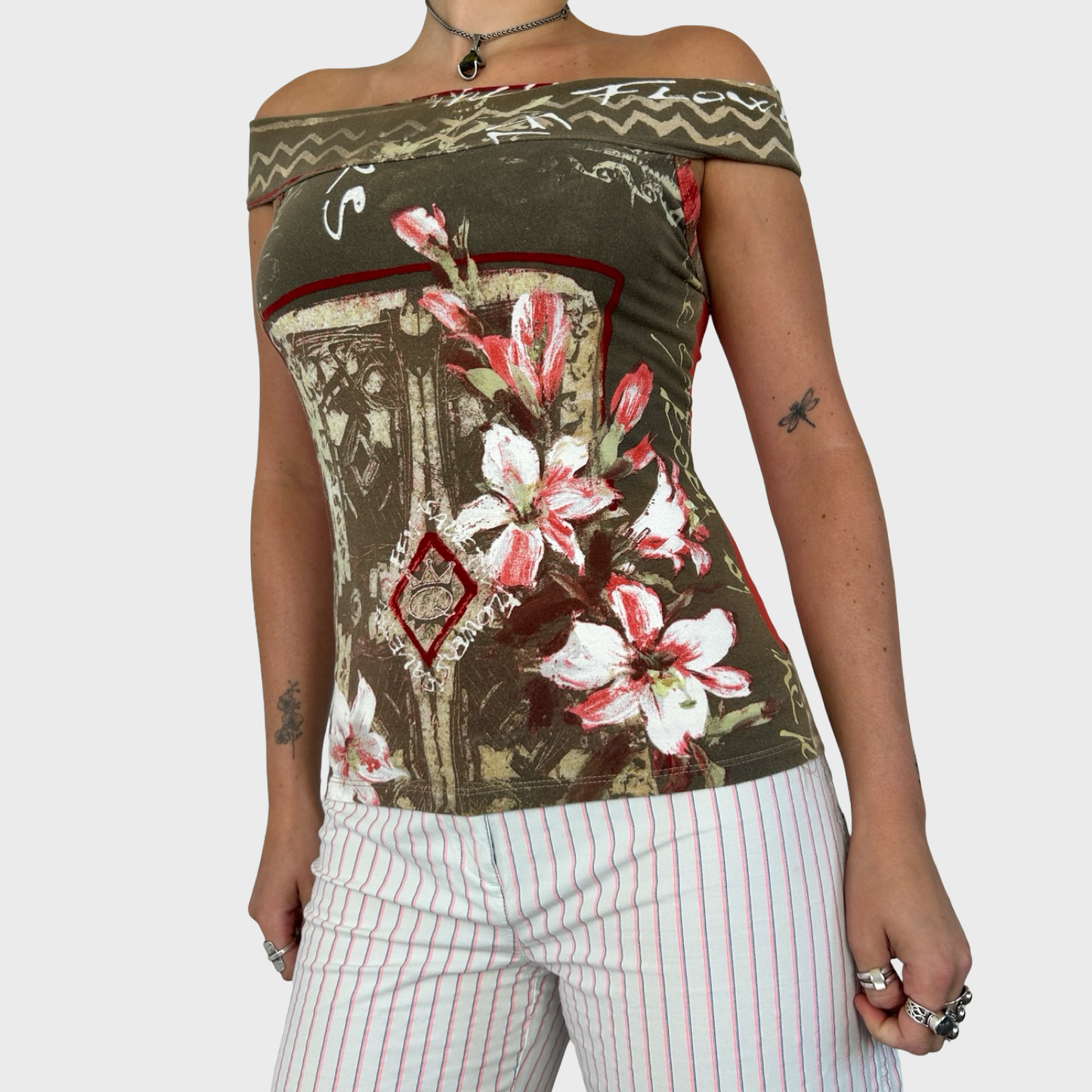 Save The Queen Off Shoulder Graphic Bi-Material Mesh Top - S/M