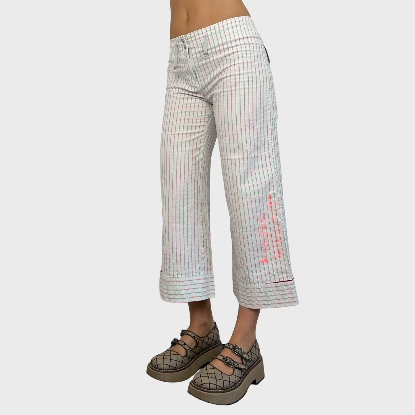Cop Copine White & Pink Striped Capri Trousers - S