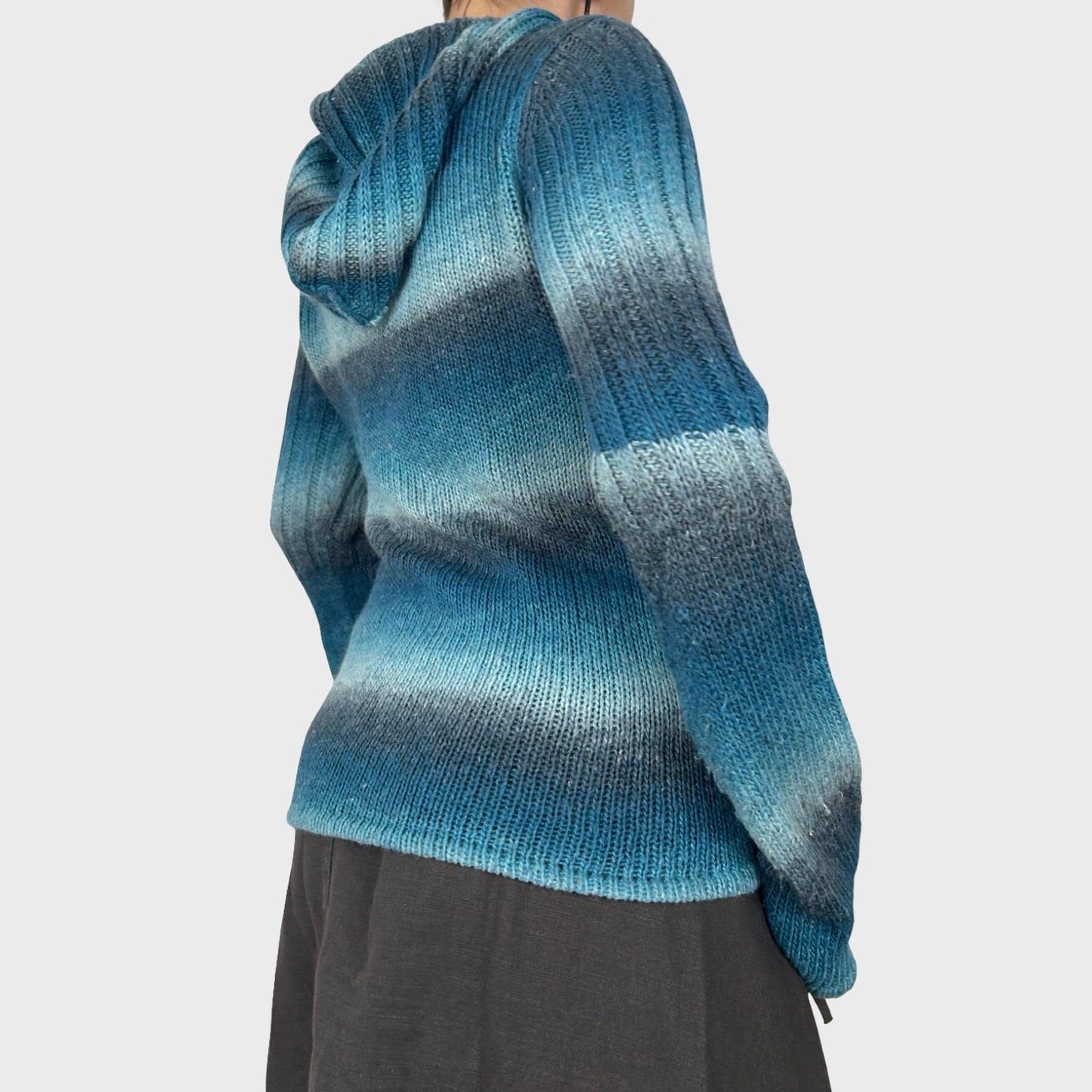 Blue Striped Knit Hoodie - S